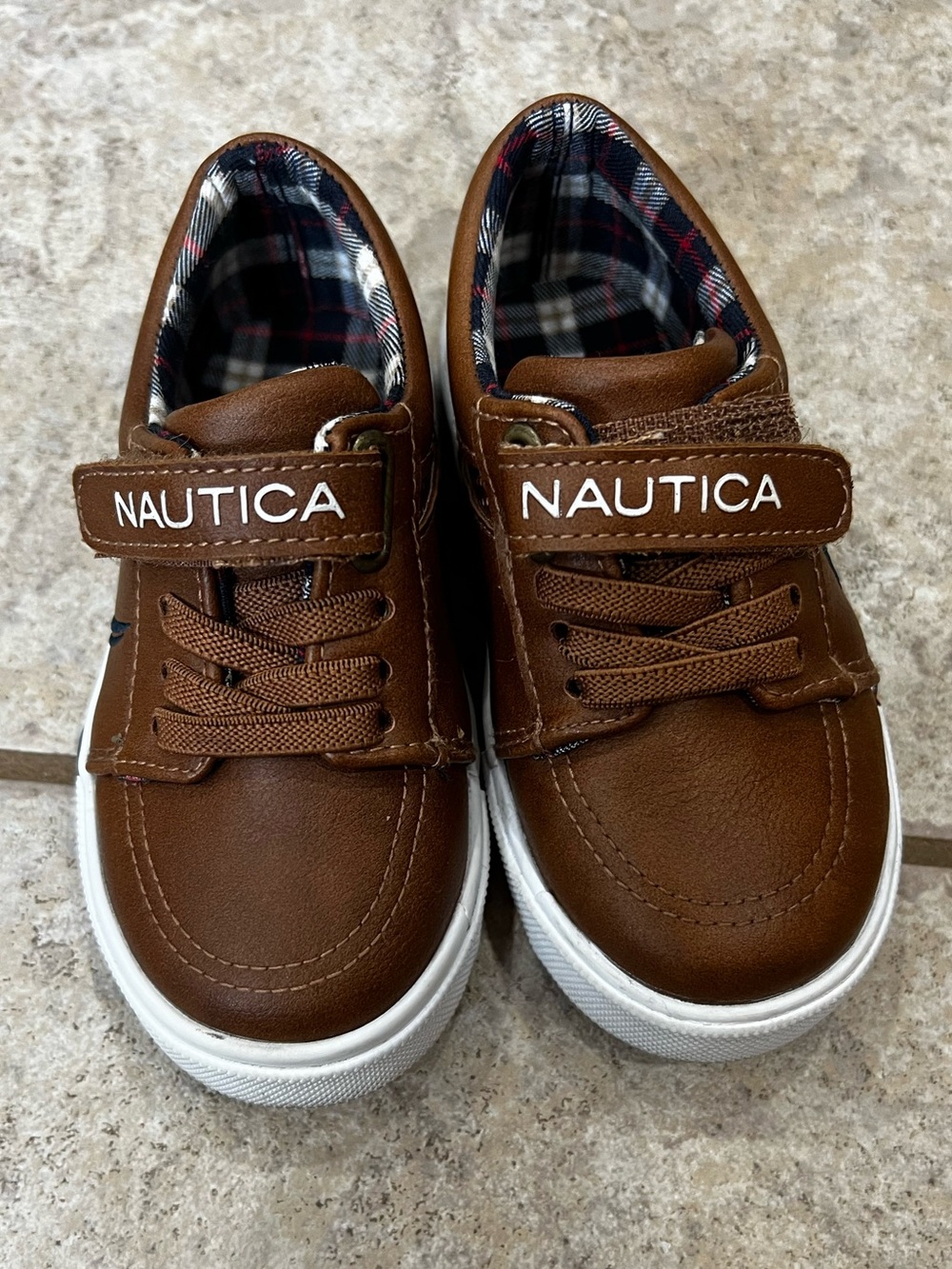 Nautica Kids Brown Leather-Look Hook & Loop Sneakers with White Sole